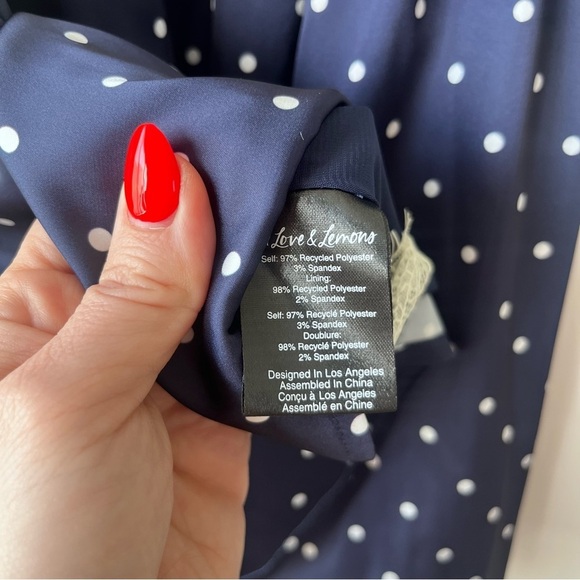 For Love & Lemons Ines Navy Blue & White Polka Dot Lace Trim Mini Dress S NWT - Picture 8 of 8
